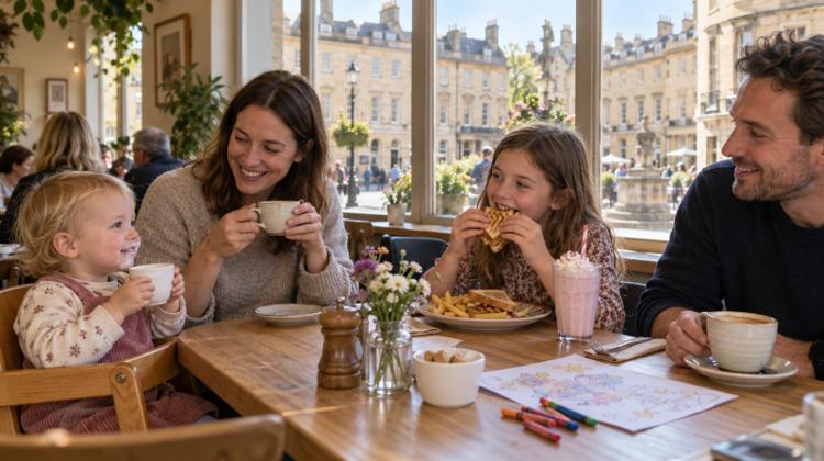 A family lunch in a bright Bath café, a toddler in a wooden high chair and a girl with a toastie and milkshake, honey-coloured stone buildings outside the window