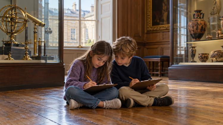Two children sitting on the wooden floor of a panelled Georgian museum room in Bath, filling in an activity trail on clipboards beside cases of brass instruments