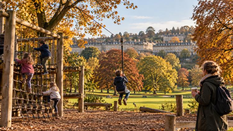 Children on a wooden climbing frame and zip line in a Bath park in autumn, with a parent watching and Georgian stone terraces on the hill beyond