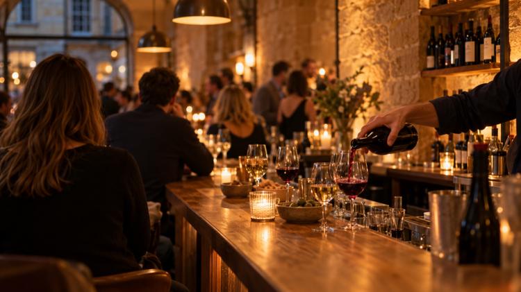 A bartender pouring red wine along a candlelit wooden counter in a busy wine bar with honey-coloured stone walls