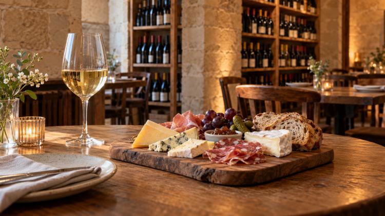 A board of British cheeses and charcuterie with a glass of white wine on a wooden table, in front of tall shelves of wine bottles and stone walls