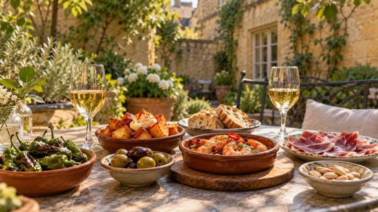 Tapas dishes, Iberian ham and two glasses of pale sherry on a table in a sunny walled courtyard of honey-coloured stone