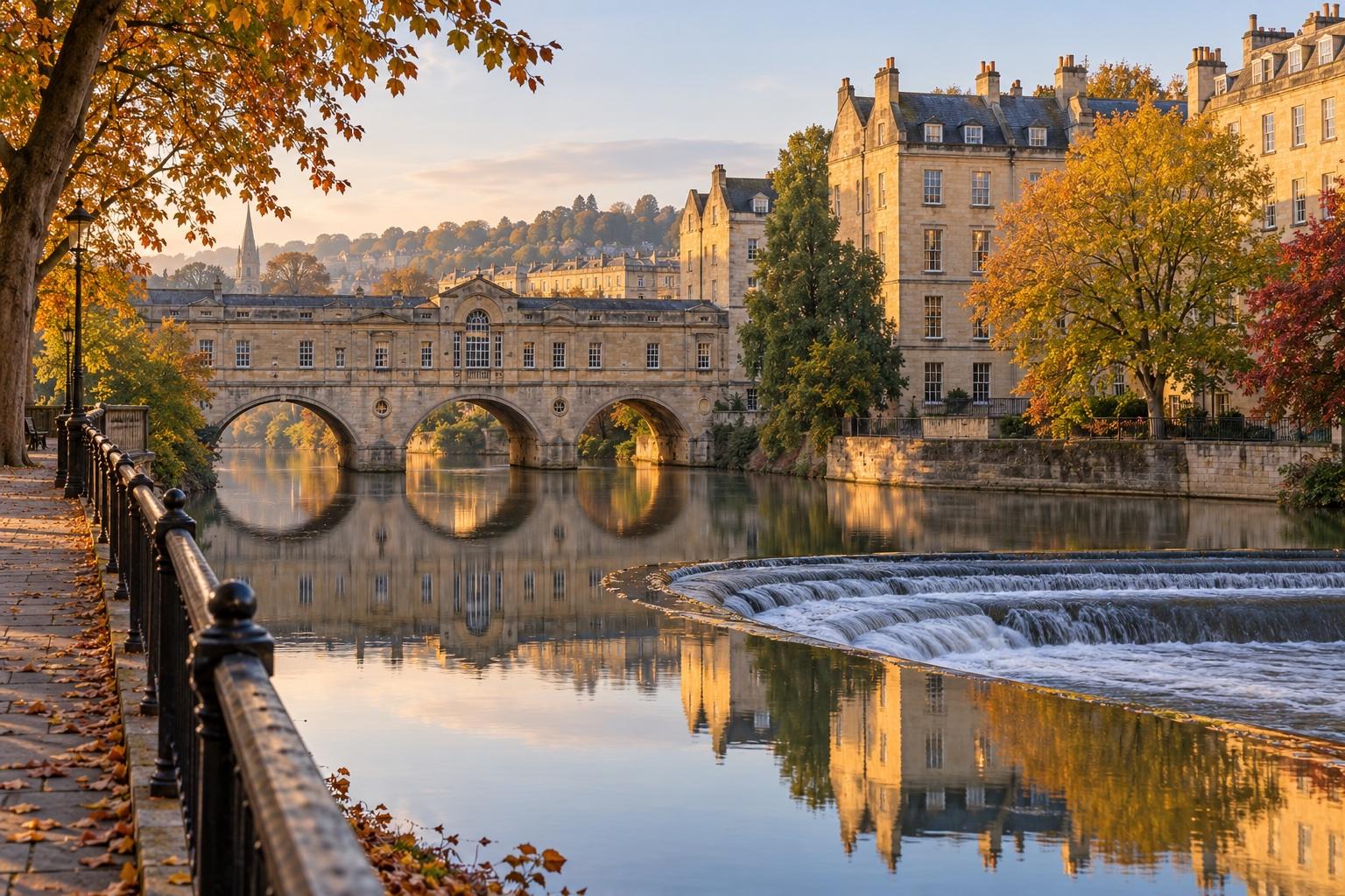 An arched stone bridge and weir on the river Avon in Bath on an autumn morning
