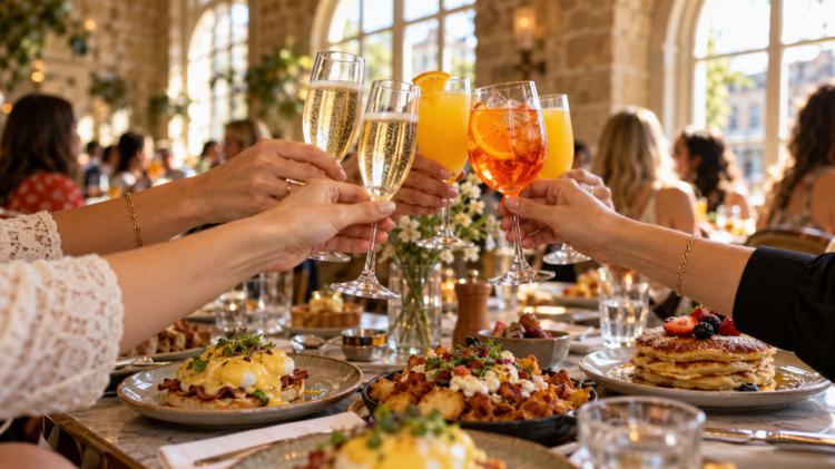 Friends raising glasses of prosecco, orange juice and spritz over plates of eggs Benedict, loaded hash browns and pancakes in a stone-walled restaurant