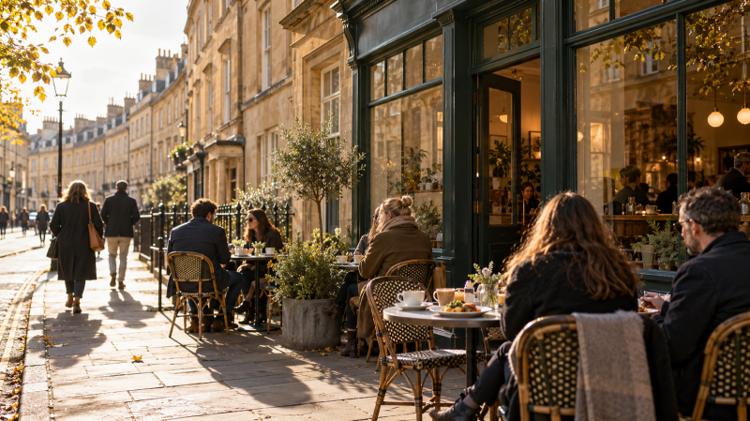 Café tables on a sunny pavement beside a row of honey-coloured Georgian stone houses, with people having coffee and brunch outside