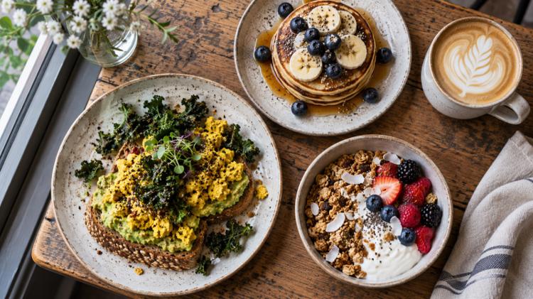 A vegan brunch on a wooden table: scrambled tofu and avocado on seeded toast, banana and blueberry pancakes, granola with coconut yoghurt and a latte