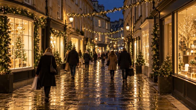 Warm white Christmas lights strung across a Georgian shopping street of honey-coloured Bath stone on a wet December evening