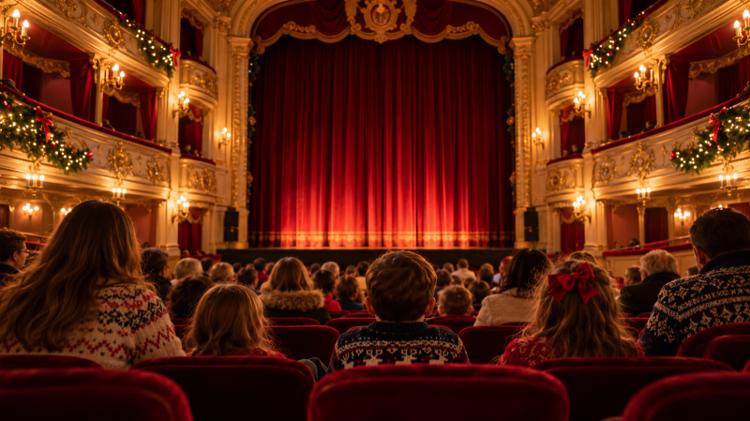 Families in Christmas jumpers taking their seats in a Georgian theatre with red velvet seats and gilded balconies before a pantomime