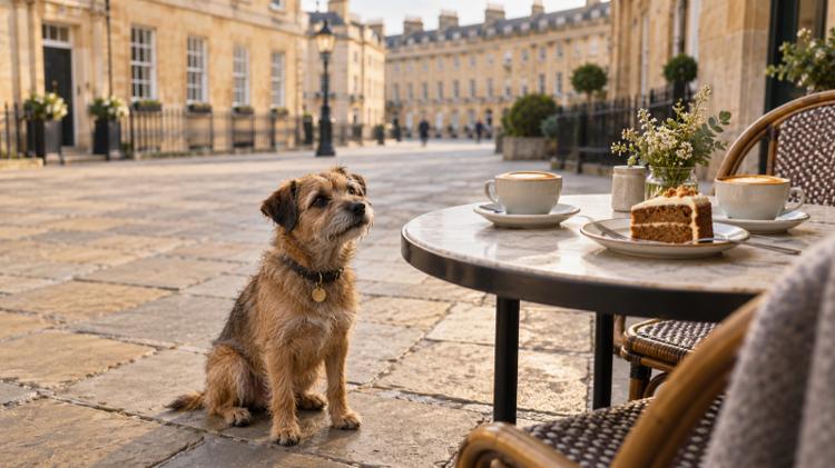 A small terrier sitting beside an outdoor café table with coffees and cake on a square of honey-coloured Bath stone
