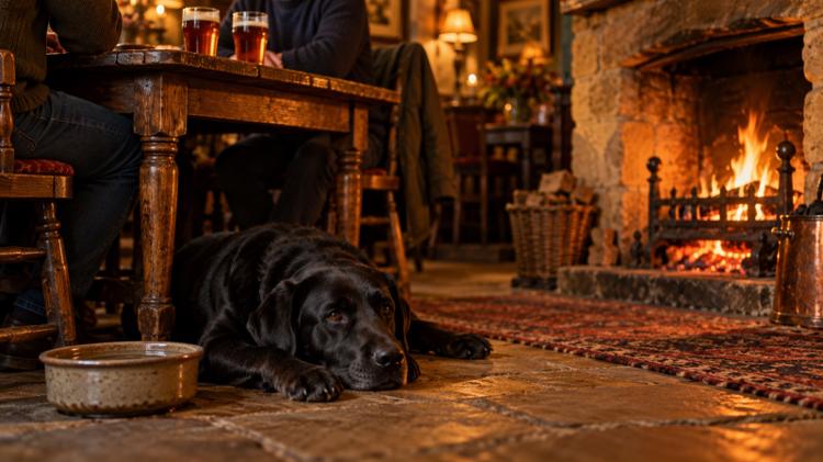 A black labrador lying on flagstones under a pub table beside a water bowl, with a log fire in a stone fireplace