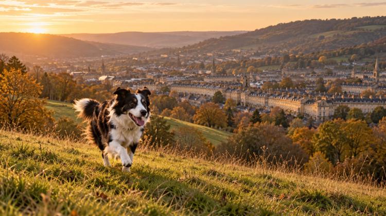 A border collie running across a grassy hillside above a city of honey-coloured Georgian terraces at sunset