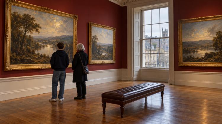 A teenager and an older visitor looking at landscape paintings in gilt frames on a red wall in a Georgian gallery in Bath