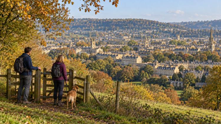 Two walkers and a dog at a wooden gate on a hillside meadow above Bath, looking over the stone terraces in the valley