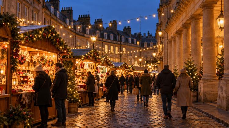 Shoppers in winter coats on a cobbled street of honey-coloured stone lit by festoon lights and wooden Christmas chalets at dusk in Bath