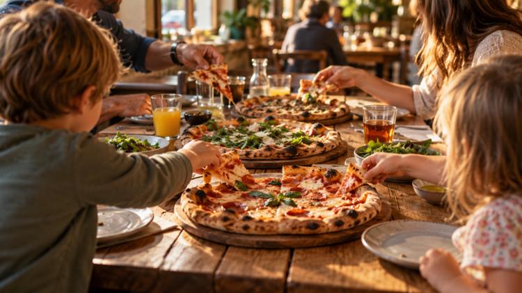 A family with two children sharing several pizzas at a long wooden table in a pizzeria