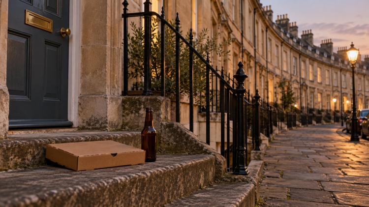 A pizza box and a bottle of beer on the stone steps of a Georgian terrace in Bath at dusk