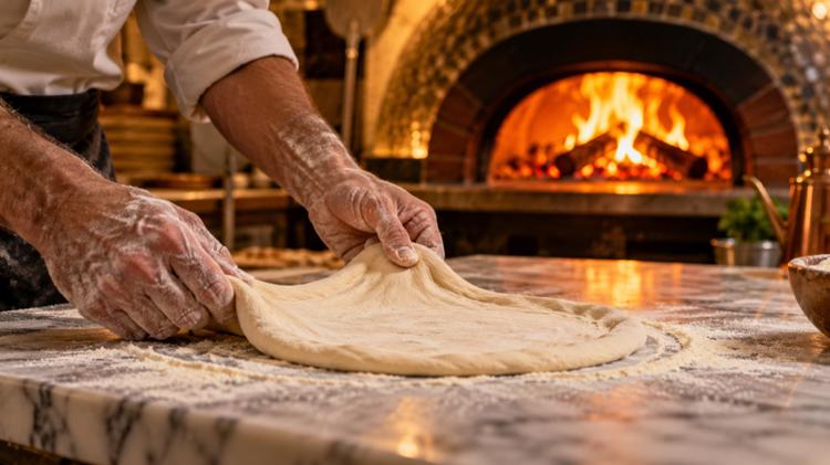 A pizza chef stretching dough on a floured marble counter in front of a blazing wood-fired oven