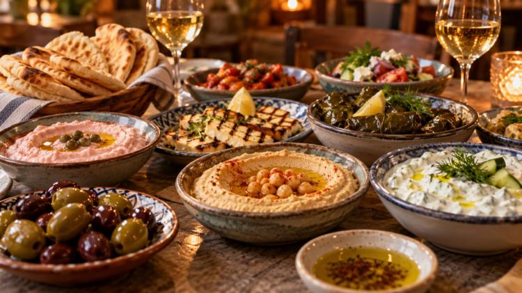 A table of meze: hummus, tzatziki, taramosalata, grilled halloumi, dolmades, olives and warm pitta
