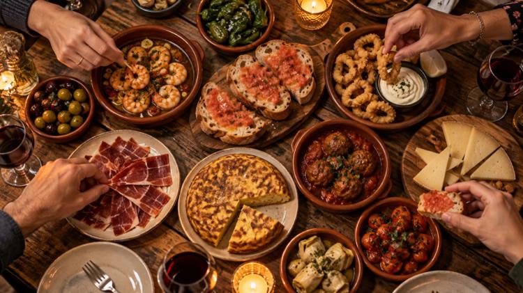 Friends sharing Spanish tapas from terracotta dishes: prawns, tortilla, jamón, calamari and pan con tomate