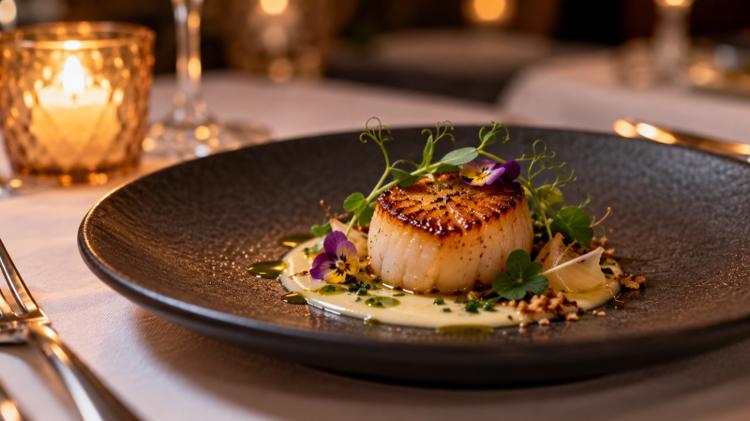 A small plated tasting-menu course on a dark ceramic plate, lit by a candle on a white tablecloth