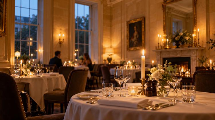 A candlelit dining room with tall sash windows, white tablecloths and honey-coloured stone walls in the evening