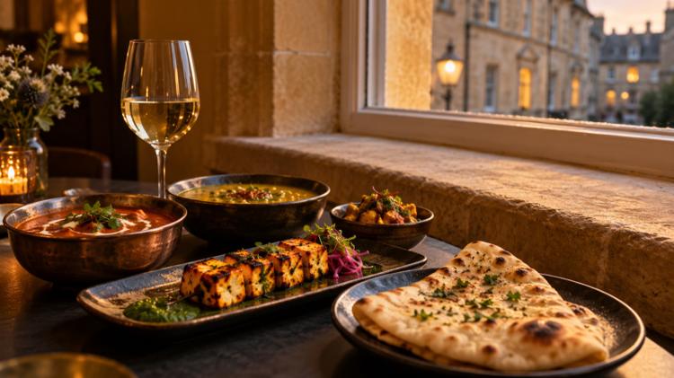 Small bowls of spiced Indian dishes, a folded naan and a glass of white wine on a dark table by a stone window sill