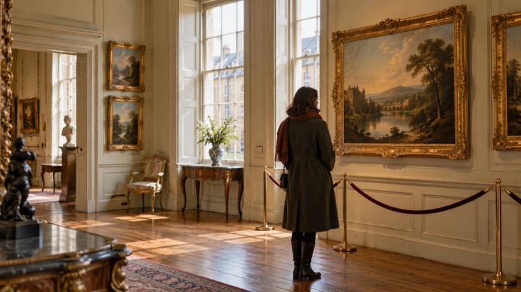 A visitor in a wool coat studying a gilt-framed landscape painting in a panelled Georgian gallery in Bath, lit by tall sash windows