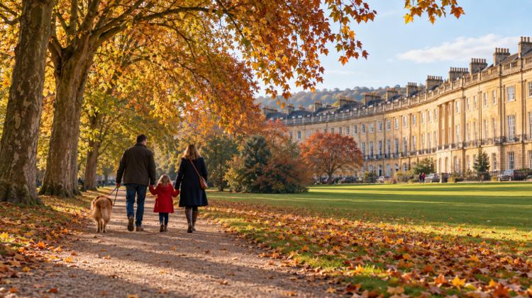 A family with a dog walking a leaf-covered path under autumn trees in a Bath park, with a curved Georgian stone terrace beyond the lawn