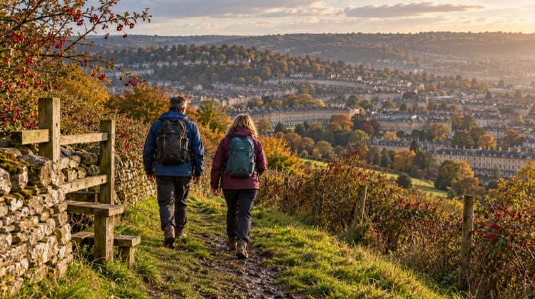 Two walkers on a muddy hillside path by a dry stone wall, looking down over honey-coloured stone terraces in the valley at Bath