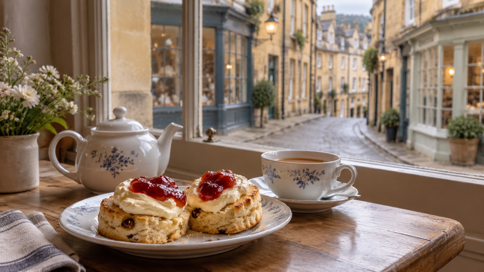Two split scones with clotted cream and strawberry jam beside a teapot on a café table, by a window onto a narrow stone lane