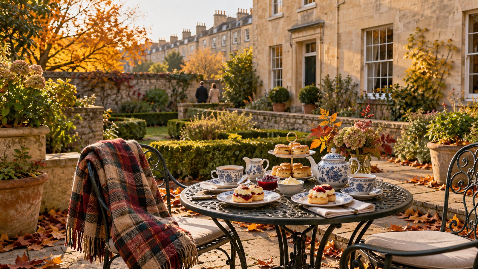 A garden terrace table set for afternoon tea in autumn sun, with a curved Georgian terrace of honey-coloured stone behind