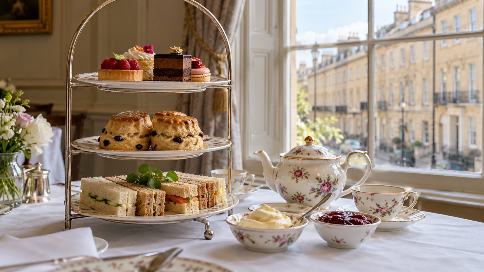A three-tier stand of finger sandwiches, scones and small pastries beside a china teapot on a white tablecloth, with a tall sash window and honey-coloured stone beyond