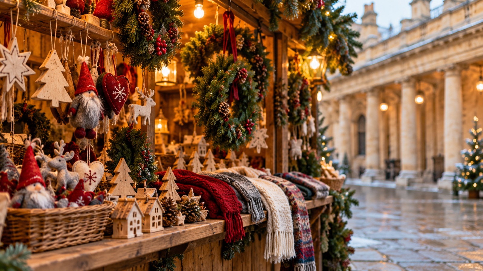 A wooden Christmas chalet hung with wreaths and handmade decorations under warm bulbs, with a honey-coloured stone colonnade behind