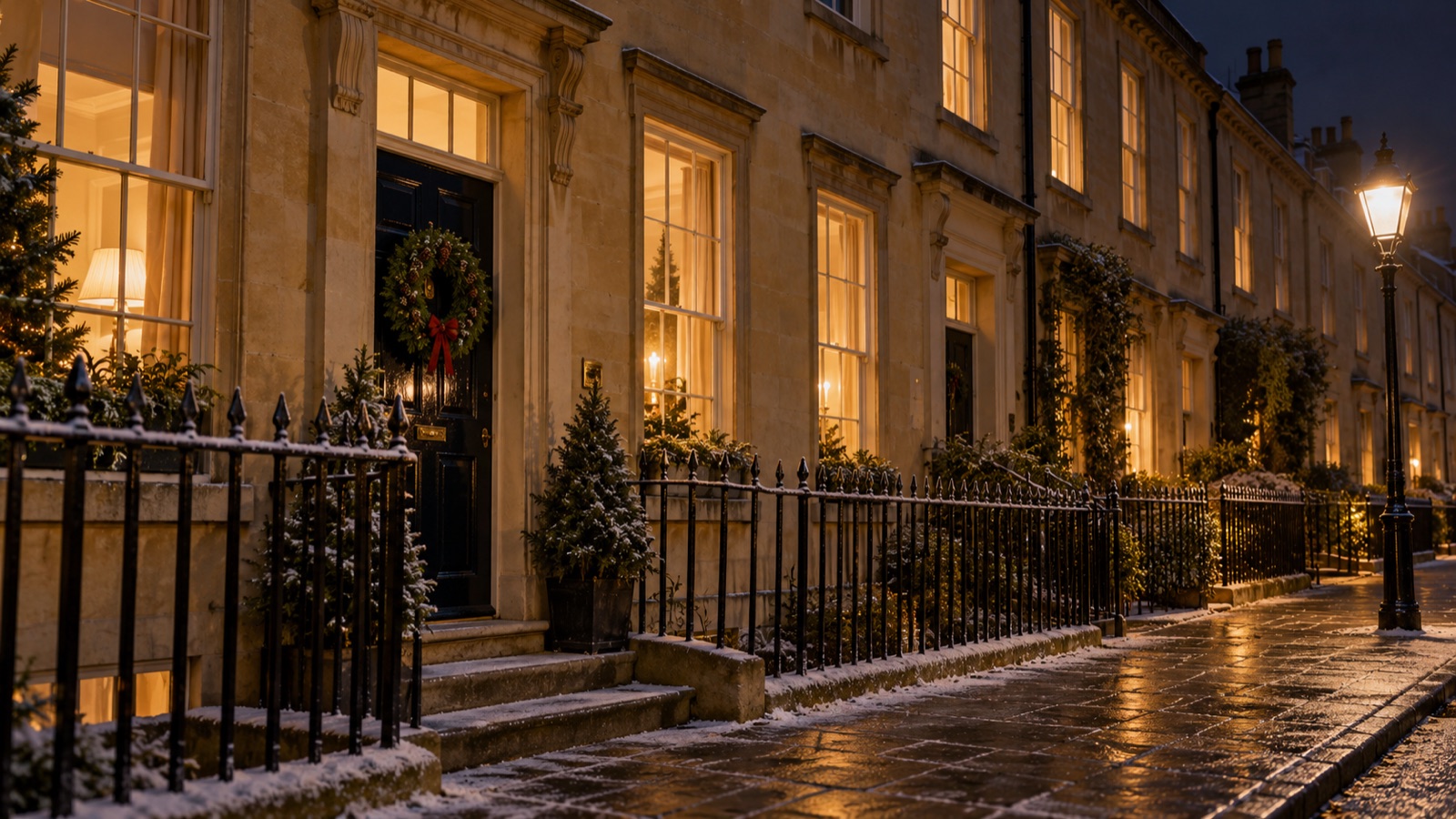 A quiet Georgian terrace of honey-coloured stone at night, with glowing sash windows and a wreath on a painted front door