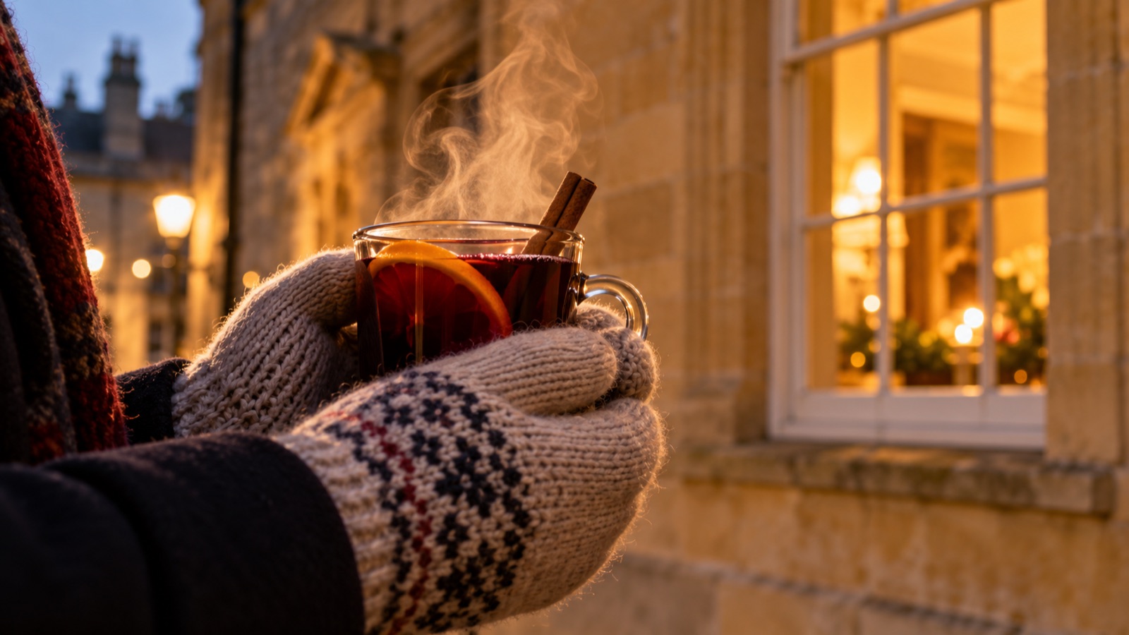 Gloved hands holding a steaming mug of mulled wine in front of a softly lit stone wall and sash window on a winter evening