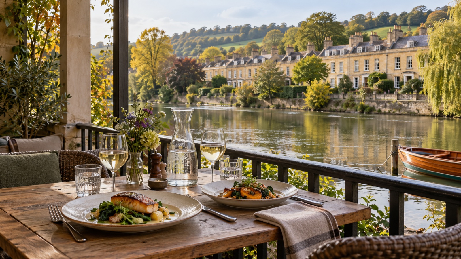 A table set for lunch on a covered terrace above a calm river, with green hillsides and honey-coloured stone houses beyond