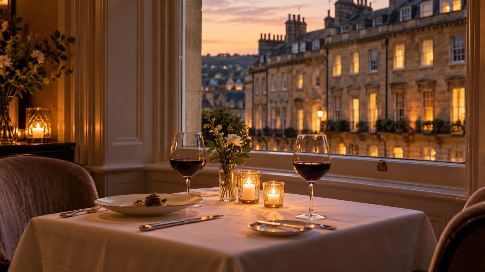 A candlelit table for two with wine glasses beside a tall sash window, honey-coloured stone terraces glowing outside at dusk in Bath
