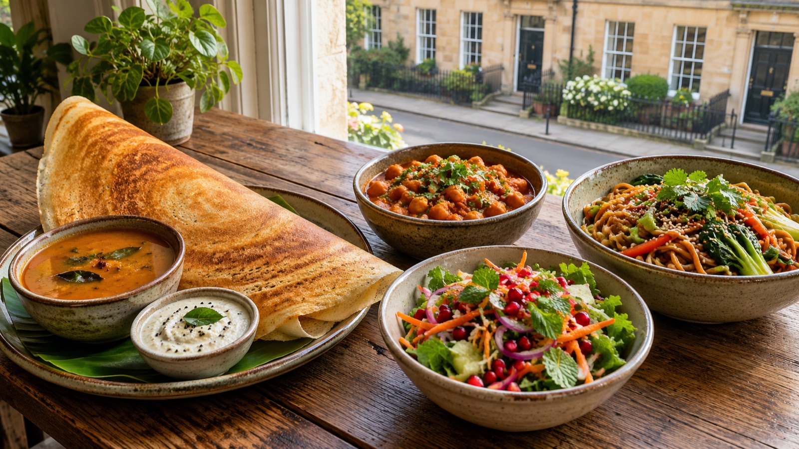Bowls of curry, a crisp dosa and bright salads on a wooden table by a window, with honey-coloured Georgian stone across the street
