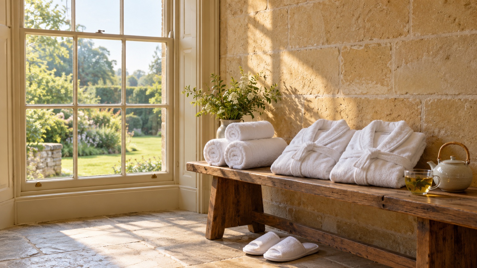 White robes, slippers and rolled towels on a wooden bench beside a Bath stone wall, with a pot of herbal tea and a sash window onto a garden