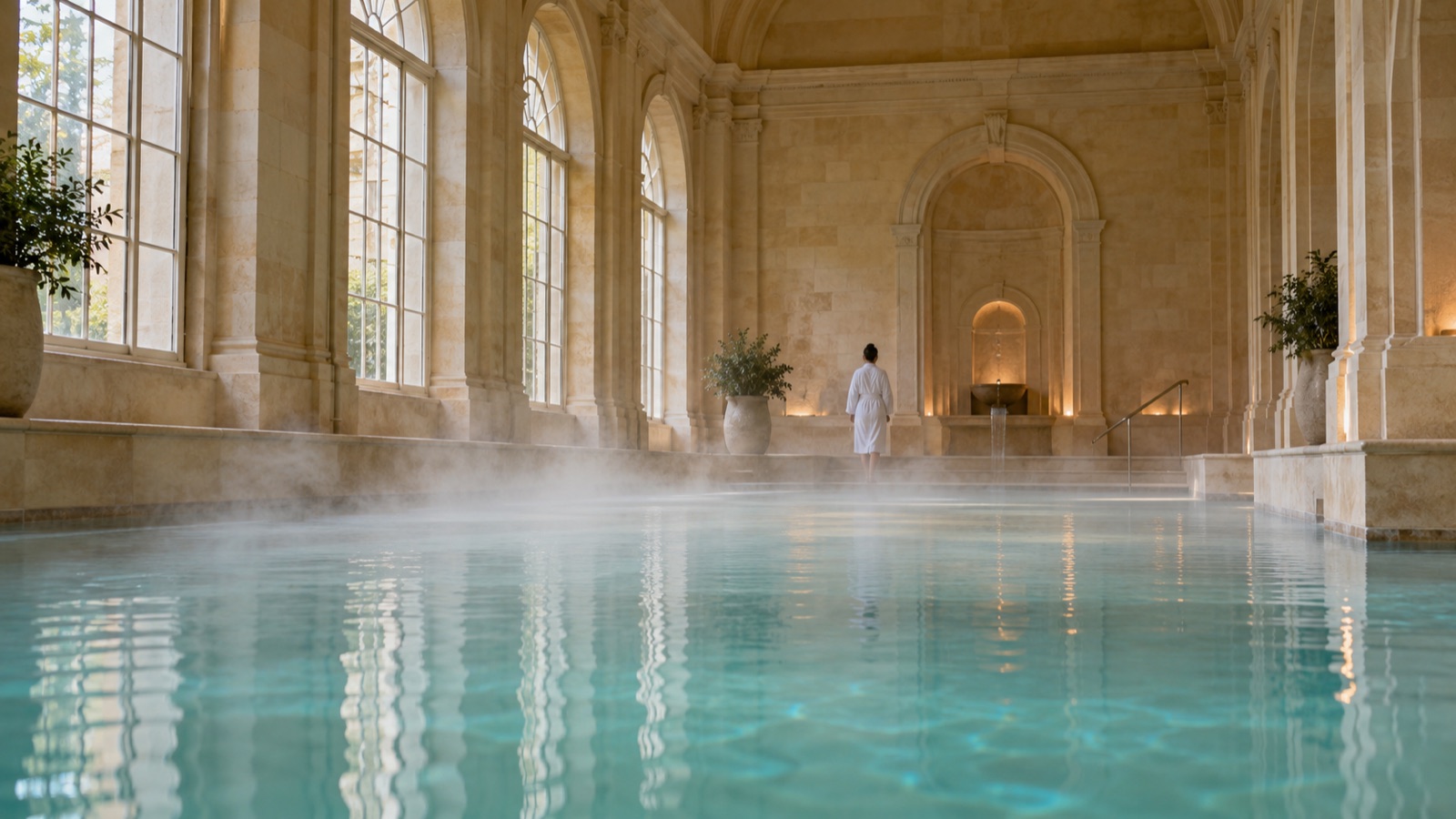 Steam drifting over a still thermal pool in a hall of pale honey-coloured stone with tall arched windows