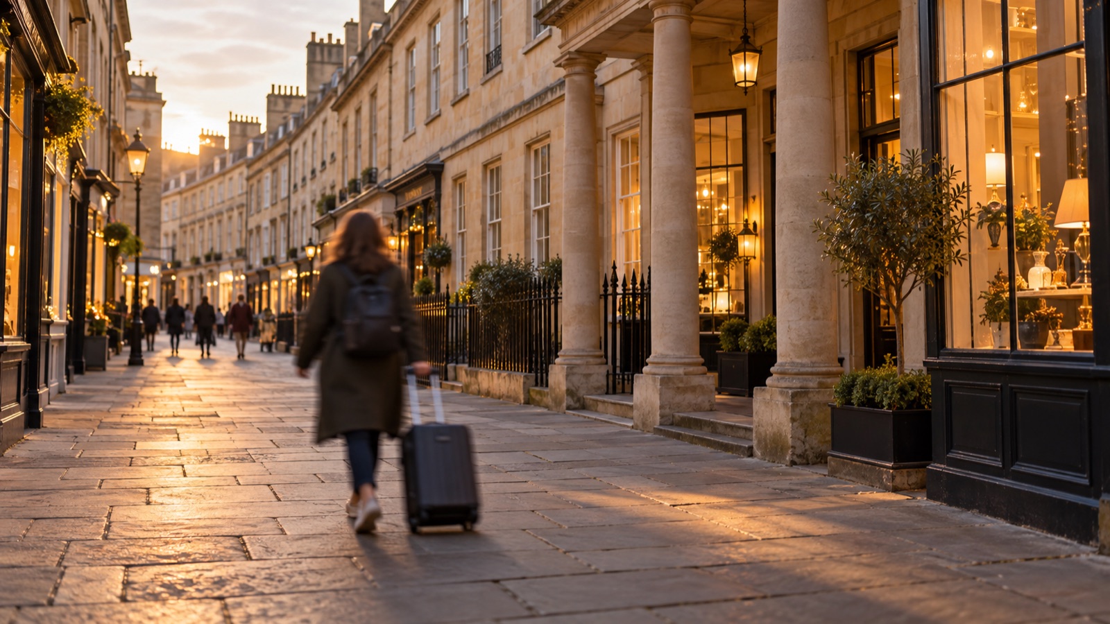 A traveller wheeling a small suitcase along a paved Georgian street of honey-coloured stone in early evening light