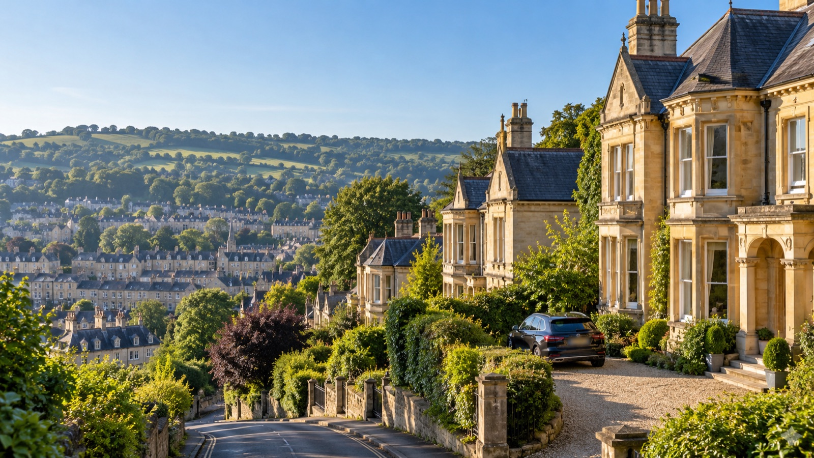 Victorian villas of honey-coloured stone on a leafy hillside street, with a car on a gravel drive and green hills across the valley