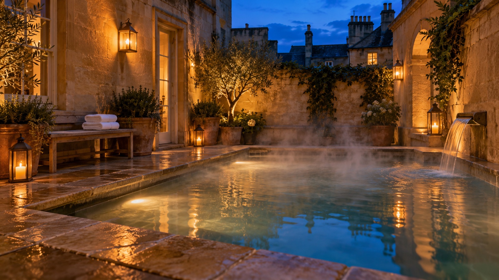 Steam rising from a warm stone-edged pool in a quiet courtyard of honey-coloured stone at dusk, with folded towels on a bench